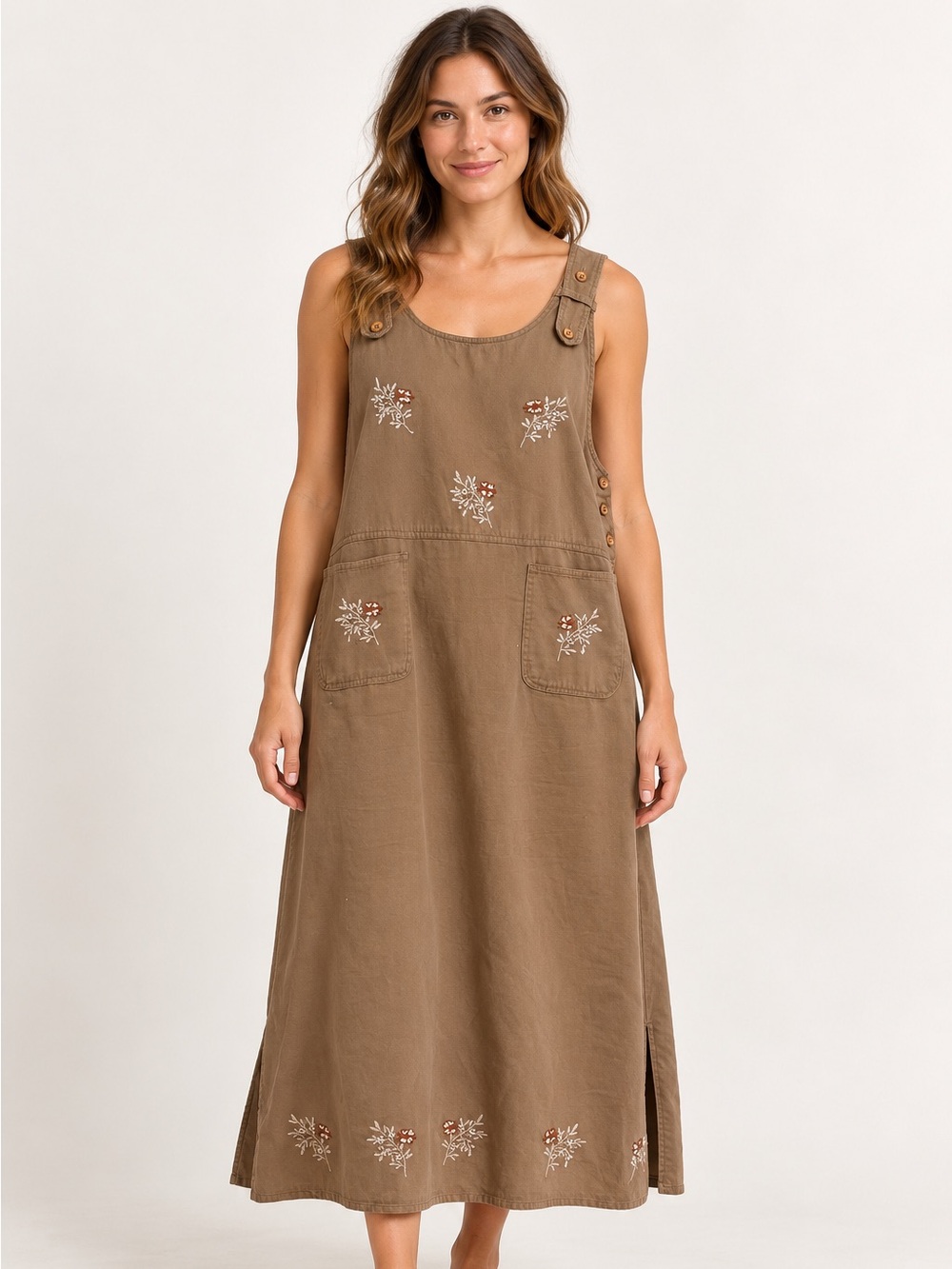 Agapo Collection Large Brown Floral Embroidered Cotton Jumper Dress Pockets Fall